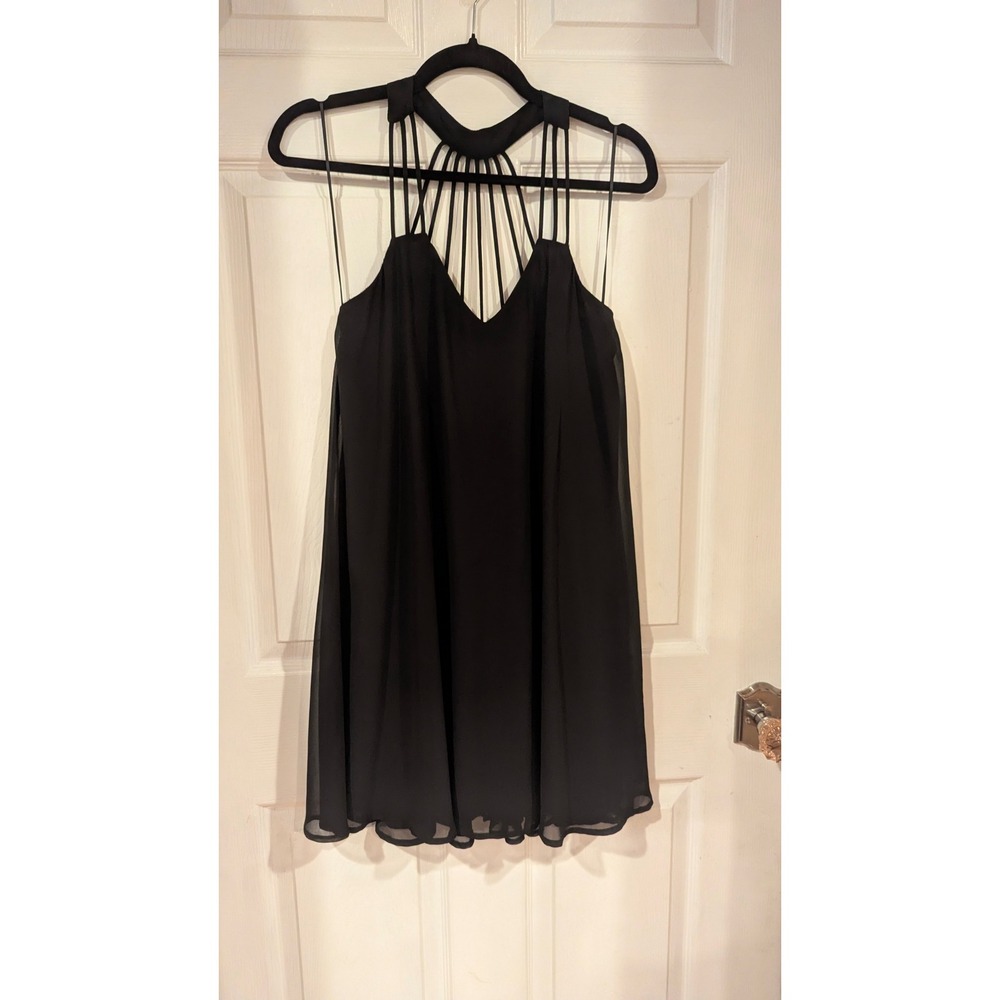 Express Dress S Black Strappy Cage Neck Chiffon Mini Babydoll LBD Party Goth